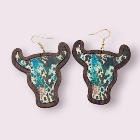 NWT Brown Cow Print Style Boho Western Longhorn Aztec Cowhide Print Wood - Picture 2 of 4